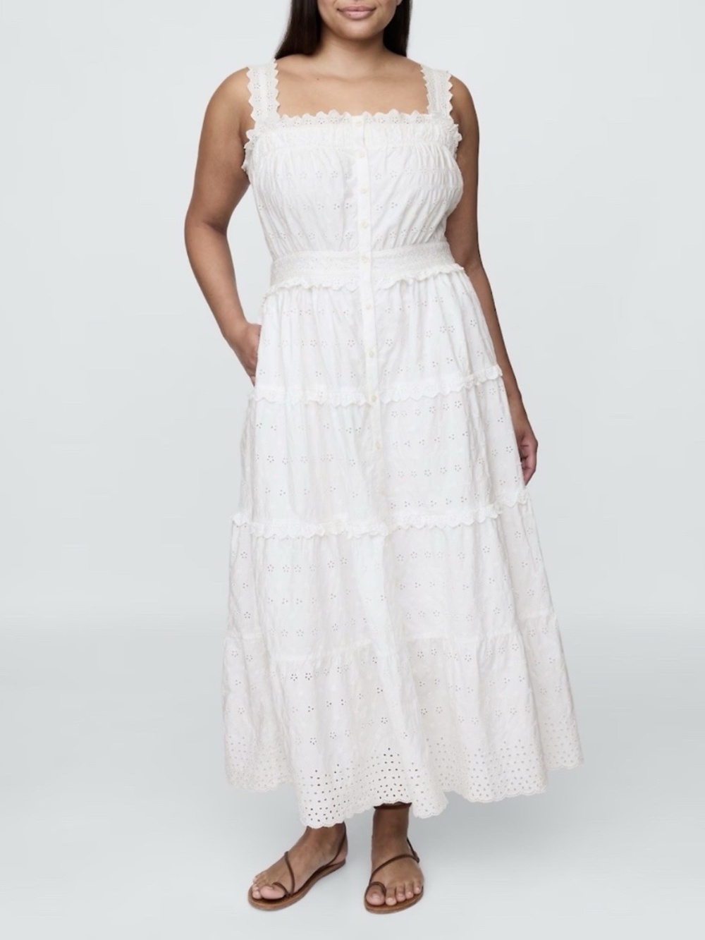 Gap x Doen Eyelet Smocked Midi White Dress, Size Large, Cottage Prairie Boho